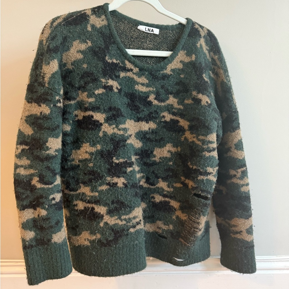 LNA Green and Brown Camouflage Crew Neck Sweater
